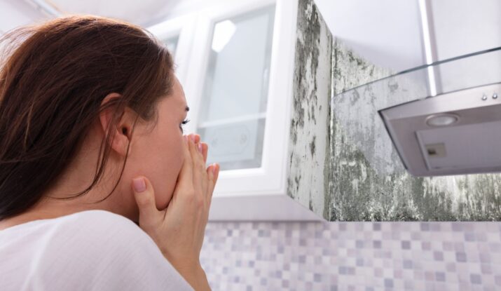 A woman covers her mouth in shock while looking at a mold-covered corner above a kitchen countertop, recognizing the urgent need for mold restoration. -PureOneServices