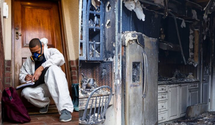 A person in protective gear sits on a doorstep, writing notes. The adjacent image shows a severely burnt kitchen with extensive fire damage to appliances and cabinets, highlighting the critical need for both mold restoration and water damage restoration.
 -PureOneServices