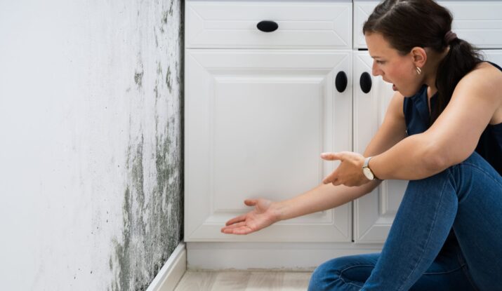 A woman in casual clothes sits on the floor, pointing distressedly at a wall with significant mold growth next to a white cabinet, in desperate need of mold restoration. -PureOneServices