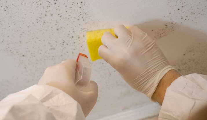 Person wearing gloves and protective clothing cleaning a moldy wall with a sponge and a cleaning agent, focusing on mold restoration techniques to ensure thorough water damage restoration. -PureOneServices