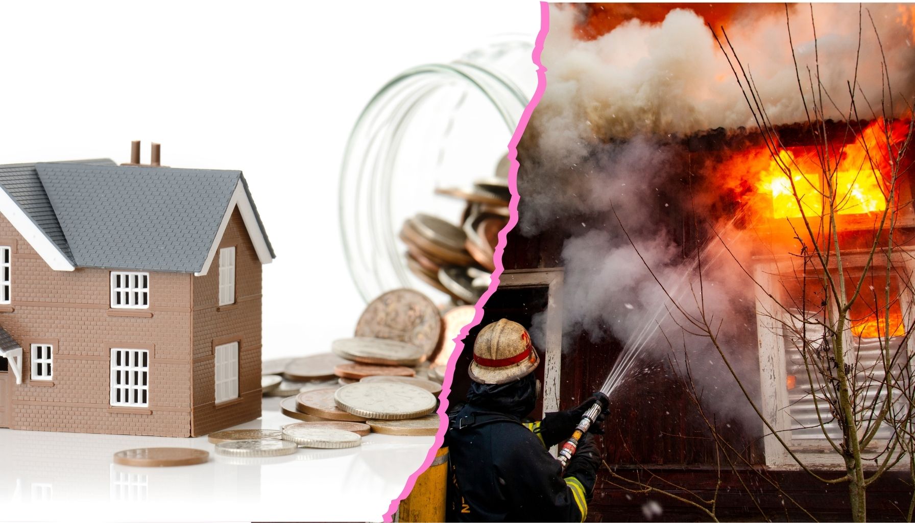 A split image: left side shows a model house with coins and a glass jar; right side shows a fireman extinguishing a burning house, emphasizing the importance of water damage restoration in protecting your investments. -PureOneServices