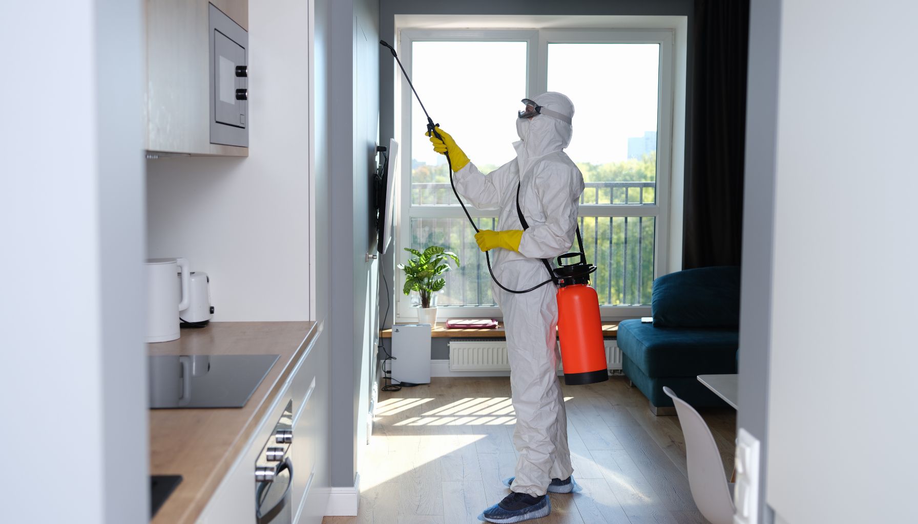 A person in a white protective suit, yellow gloves, and face mask sprays pesticide inside a modern apartment, possibly addressing mold restoration. They are holding a red and black sprayer with a hose pointed at the wall. -PureOneServices