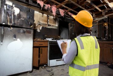 A person in a yellow safety vest and hard hat is inspecting and taking notes in a fire-damaged kitchen with exposed ceiling beams, charred appliances, and signs of water damage restoration efforts underway. -PureOneServices