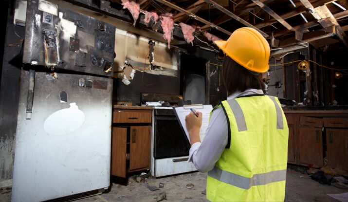 A person in a yellow safety vest and hard hat is inspecting and taking notes in a fire-damaged kitchen with exposed ceiling beams, charred appliances, and signs of water damage restoration efforts underway. -PureOneServices