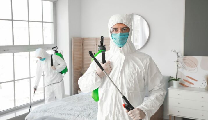 Two individuals in full protective suits and masks diligently sanitize a room. One person in the foreground holds a disinfectant sprayer, crucial for mold restoration, while the other works in the background near a window, addressing water damage restoration needs. -PureOneServices