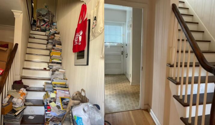 Side-by-side comparison of a cluttered staircase filled with books and miscellaneous items on the left, and a clean, empty staircase on the right after water damage restoration. -PureOneServices