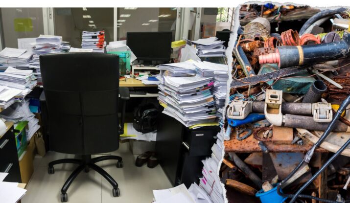 A cluttered office desk with piles of paperwork on the left, juxtaposed with a chaotic pile of rusted tools and cables intertwined with equipment for water damage restoration on the right. -PureOneServices