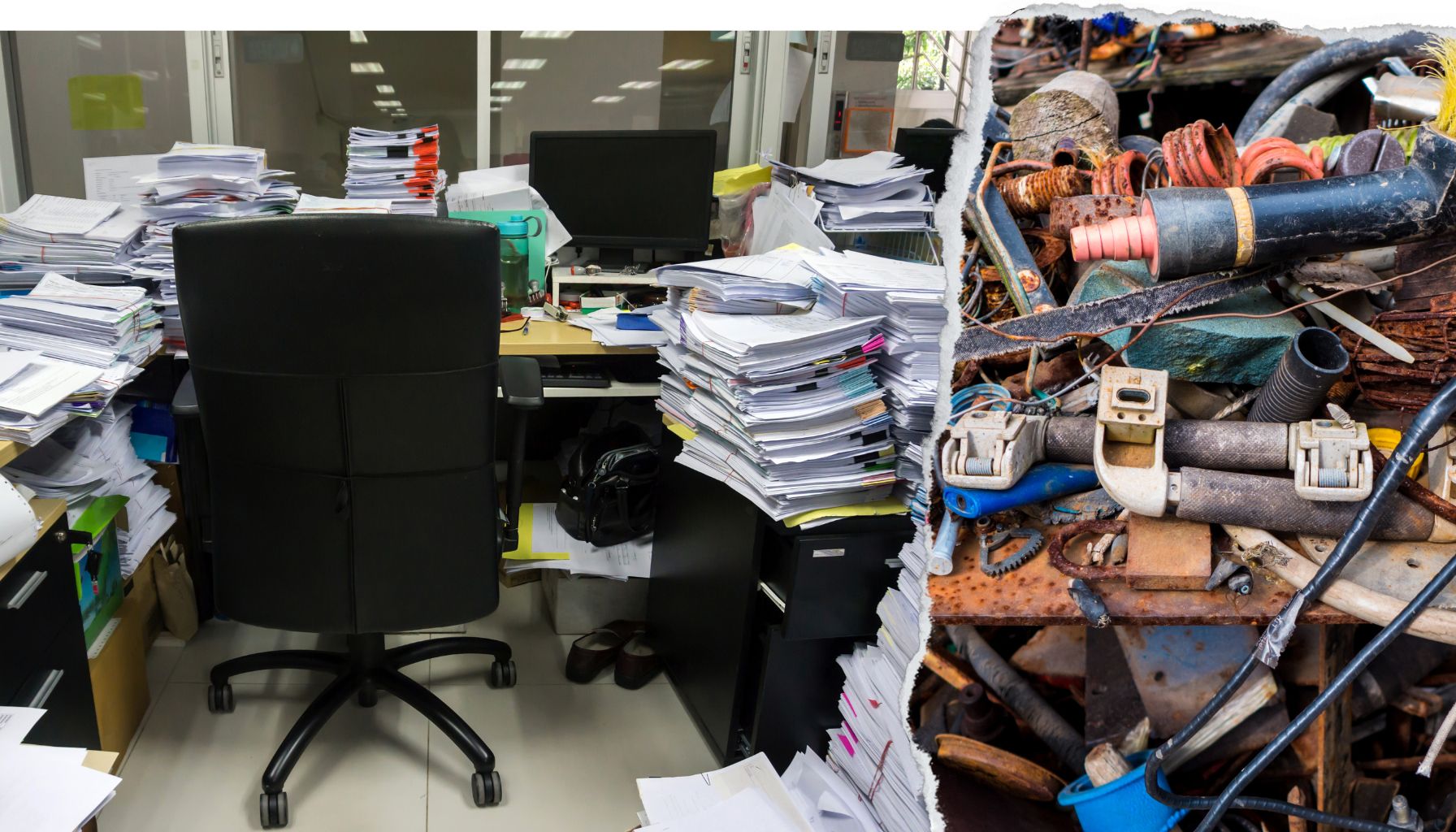 A cluttered office desk with piles of paperwork on the left, juxtaposed with a chaotic pile of rusted tools and cables intertwined with equipment for water damage restoration on the right. -PureOneServices