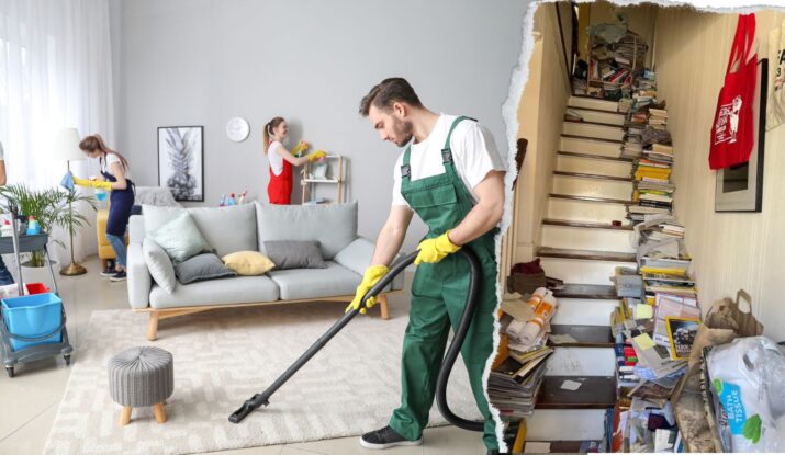 A cleaning crew is tidying up a living room, vacuuming the carpet and dusting, while a torn paper effect reveals a cluttered staircase filled with books and assorted items needing mold restoration. -PureOneServices