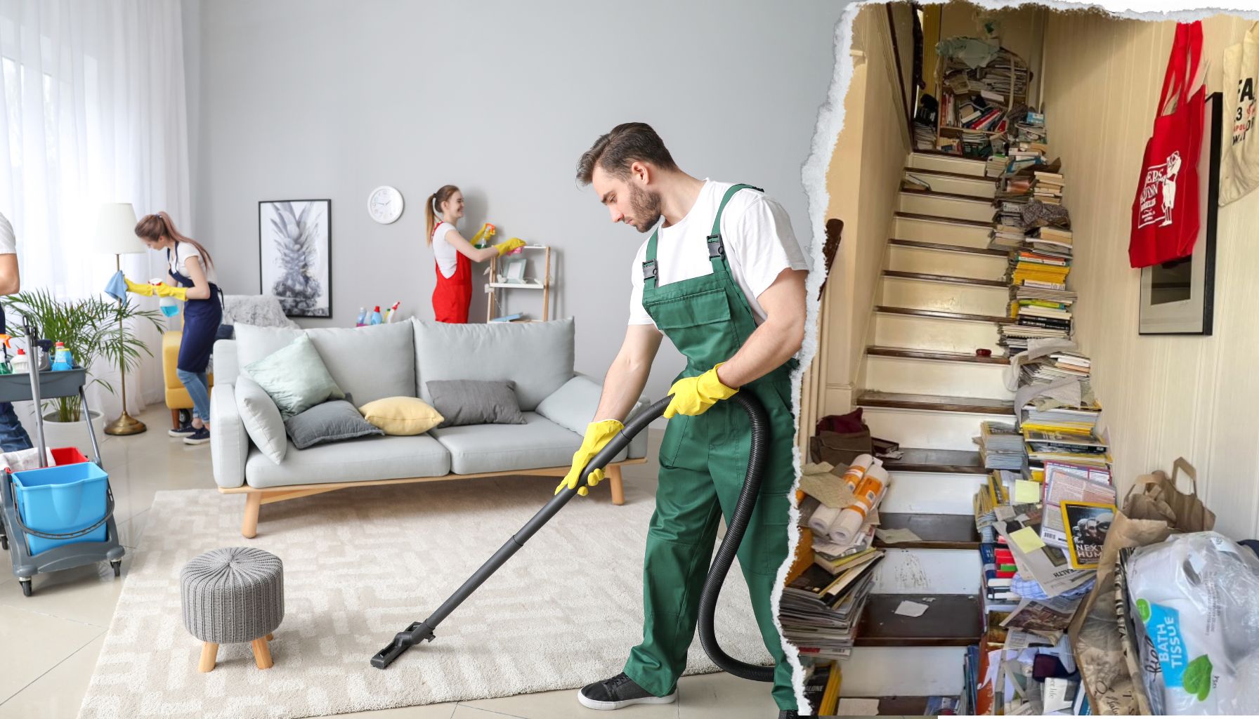 A cleaning crew is tidying up a living room, vacuuming the carpet and dusting, while a torn paper effect reveals a cluttered staircase filled with books and assorted items needing mold restoration. -PureOneServices