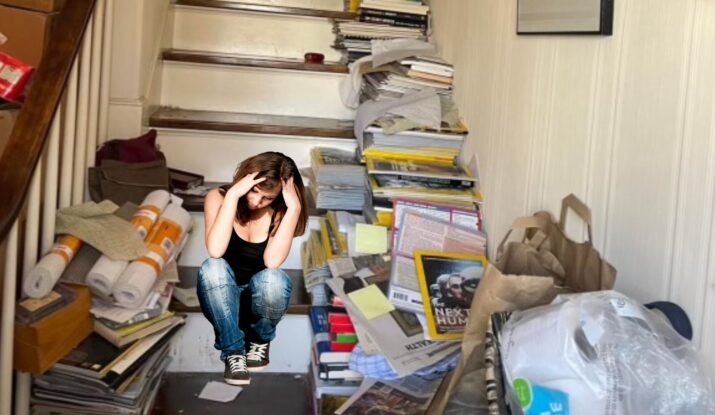 A person sits on the stairs holding their head in their hands, surrounded by clutter including rolls of paper, books, bags, and tools for water damage restoration. -PureOneServices