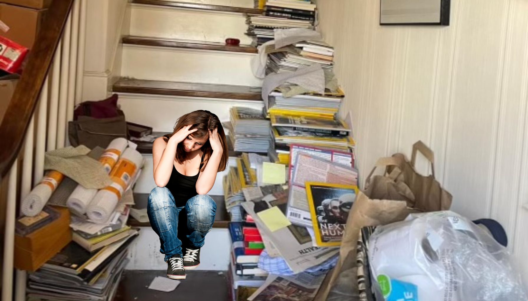 A person sits on the stairs holding their head in their hands, surrounded by clutter including rolls of paper, books, bags, and tools for water damage restoration. -PureOneServices