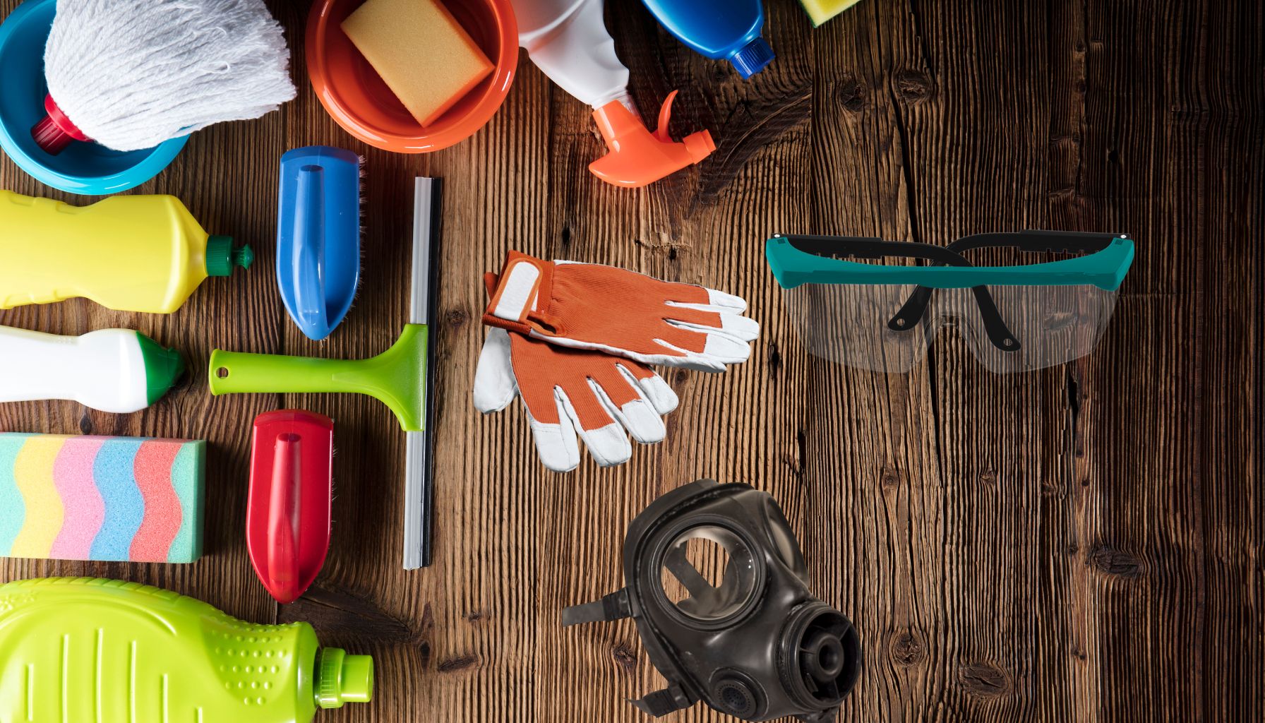 A variety of cleaning supplies and protective gear, including gloves, a mask, safety goggles, sponges, bottles, and a squeegee for mold restoration or water damage restoration, all arranged on a wooden surface. -PureOneServices