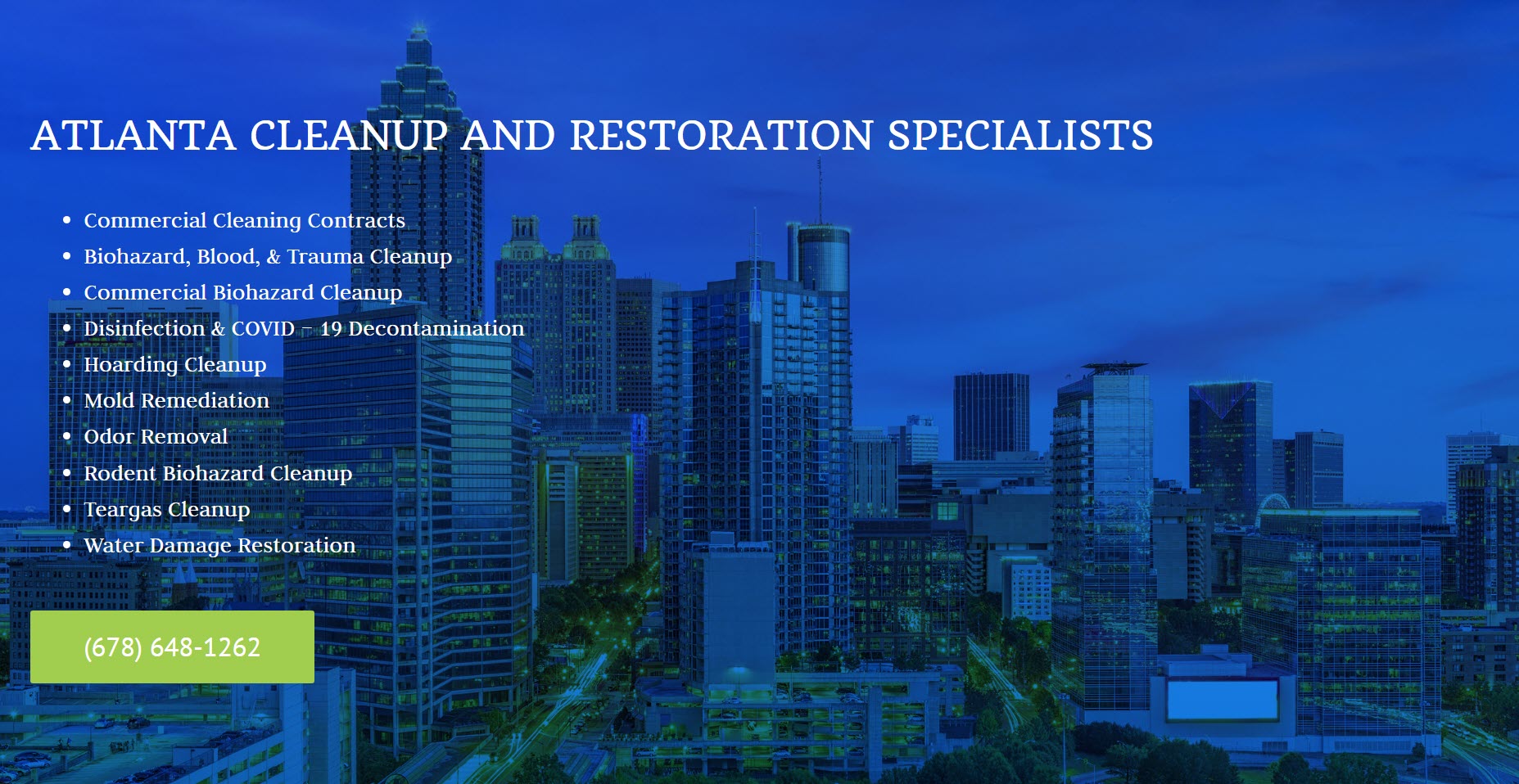 Image showing a city skyline with a list of services provided by "Atlanta Cleanup and Restoration Specialists" overlayed, including biohazard cleanup, mold restoration, and water damage restoration. -PureOneServices