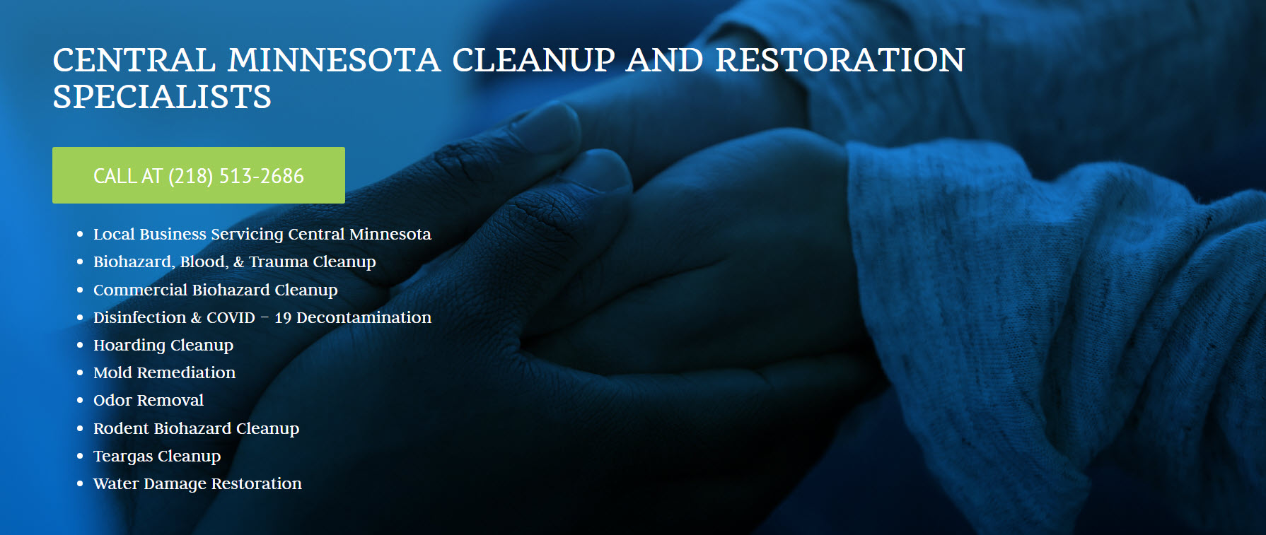 Close-up of two hands clasped. Text overlay lists various cleanup and remediation services by Central Minnesota professionals with a call-to-action phone number: (218) 513-2686. Background in blue tones. -PureOneServices