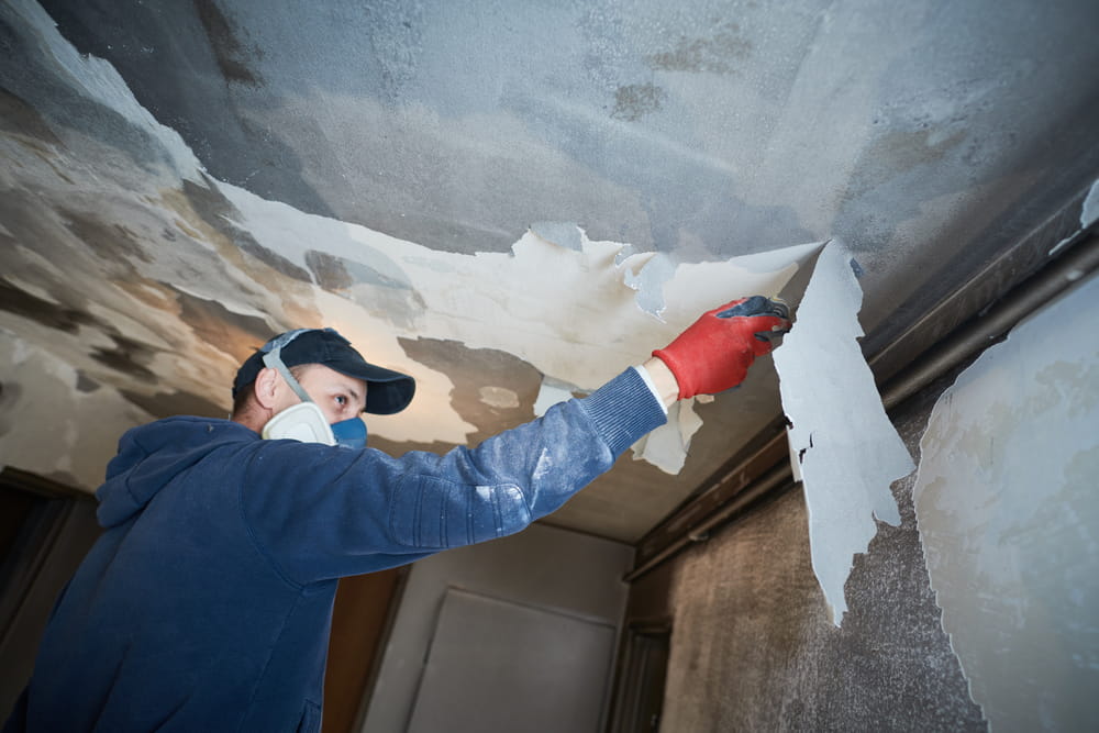 Fire damage and restoration indoor interior removing damaged paint layer